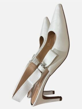 Elegant White Sling Back Pointed Toe Heels Bow Detail Pumps 6.5